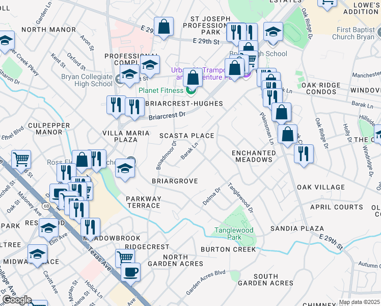 map of restaurants, bars, coffee shops, grocery stores, and more near 1322 Barak Lane in Bryan