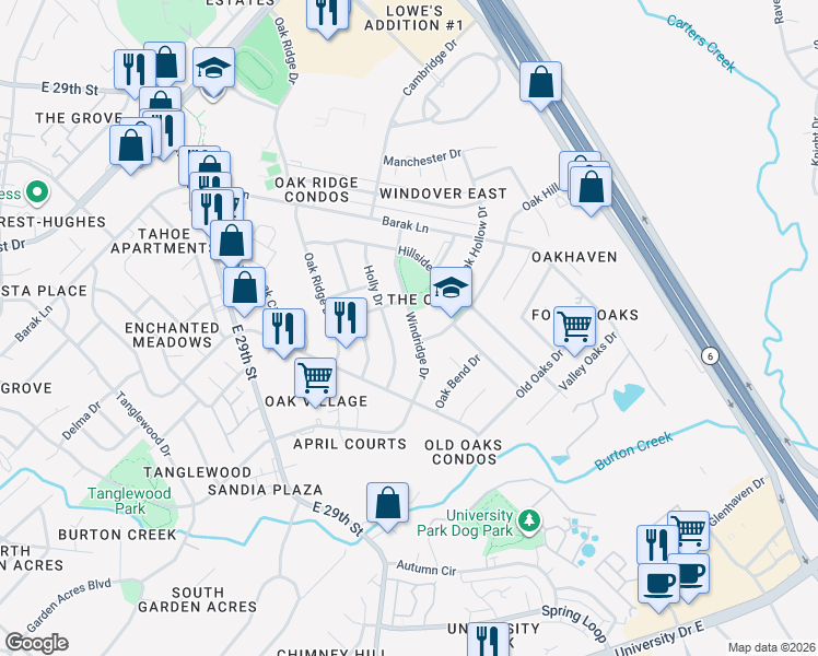 map of restaurants, bars, coffee shops, grocery stores, and more near 3706 Windridge Drive in Bryan