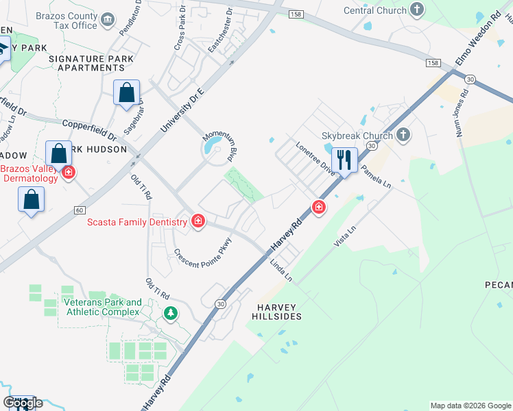map of restaurants, bars, coffee shops, grocery stores, and more near 1400 Crescent Ridge Drive in College Station