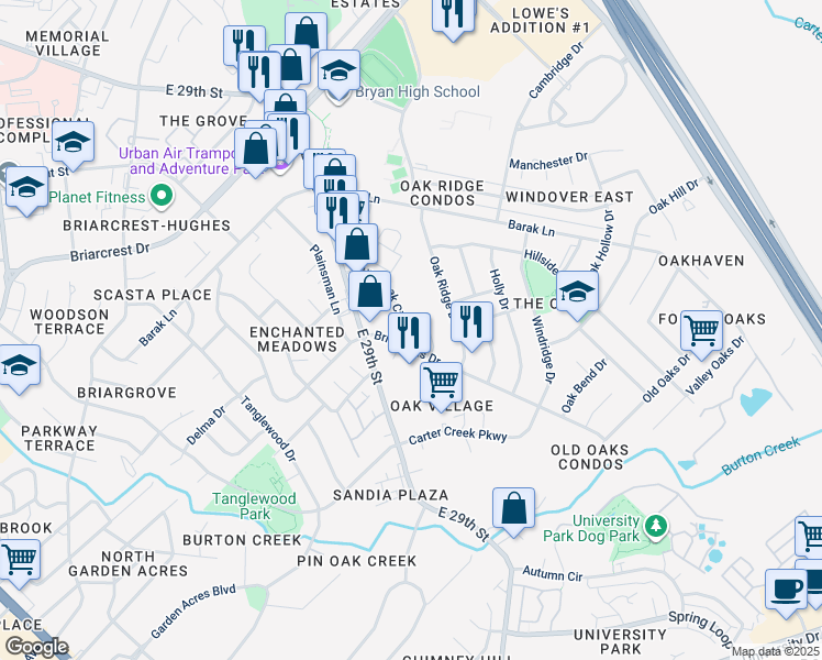 map of restaurants, bars, coffee shops, grocery stores, and more near 3804 Courtney Circle in Bryan