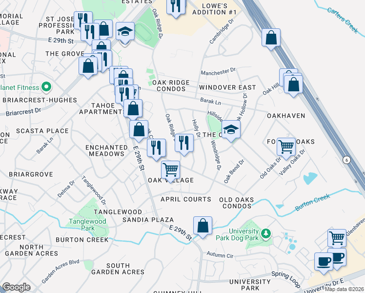 map of restaurants, bars, coffee shops, grocery stores, and more near 3801 Oak Ridge Drive in Bryan