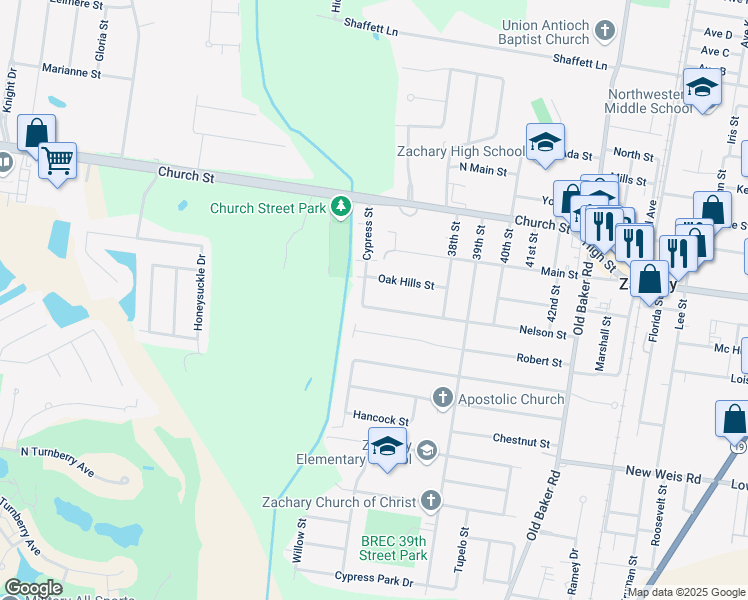 map of restaurants, bars, coffee shops, grocery stores, and more near 3465 Nelson Street in Zachary