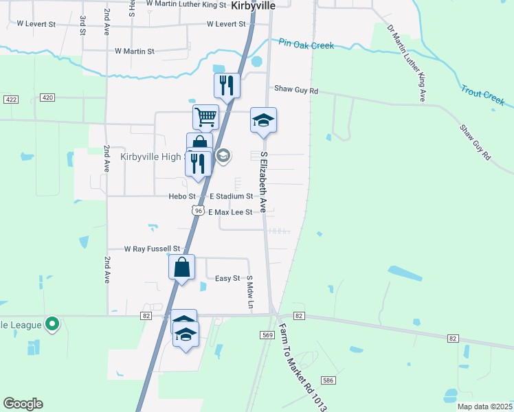 map of restaurants, bars, coffee shops, grocery stores, and more near 1407 South Elizabeth Avenue in Kirbyville