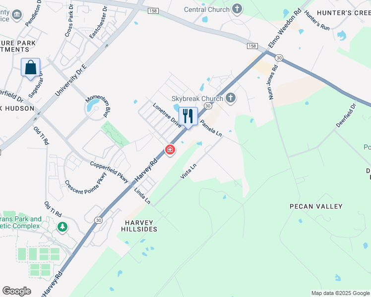 map of restaurants, bars, coffee shops, grocery stores, and more near 3820 Harvey Road in College Station