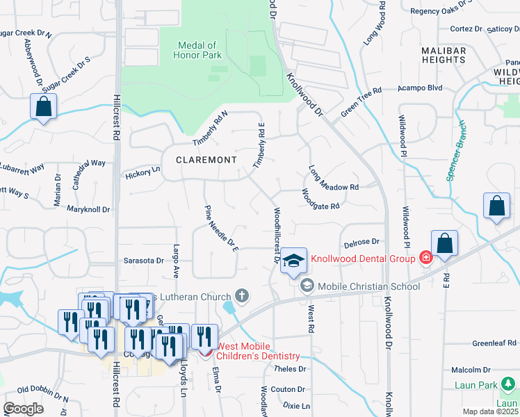 map of restaurants, bars, coffee shops, grocery stores, and more near 2005 Burnt Oak Ct in Mobile