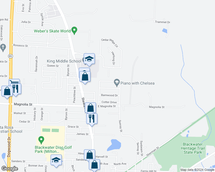 map of restaurants, bars, coffee shops, grocery stores, and more near 6740 Weathered Drive in Milton
