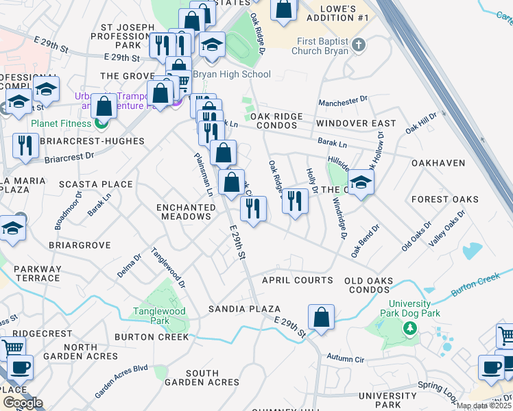 map of restaurants, bars, coffee shops, grocery stores, and more near 1835 Wilde Oak Circle in Bryan