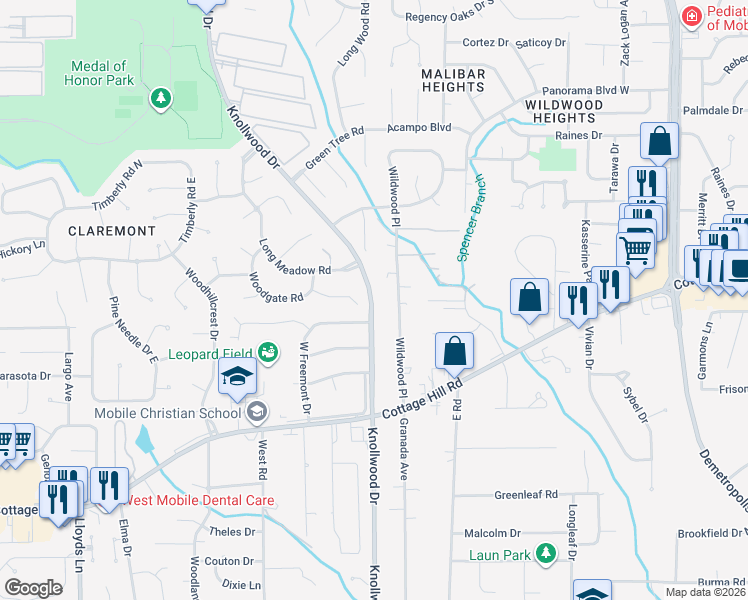 map of restaurants, bars, coffee shops, grocery stores, and more near 5700 Long Meadow Court in Mobile