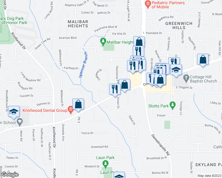 map of restaurants, bars, coffee shops, grocery stores, and more near 1047 Oakland Drive in Mobile