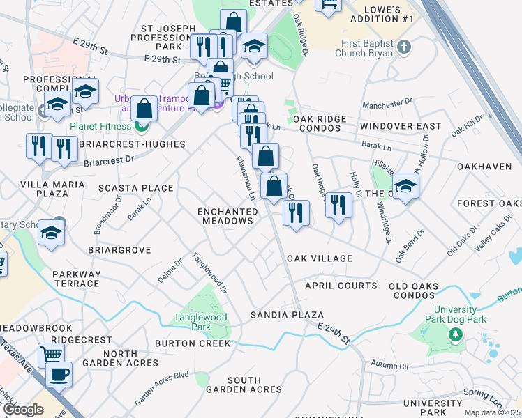 map of restaurants, bars, coffee shops, grocery stores, and more near 3800 East 29th Street in Bryan