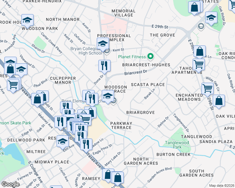 map of restaurants, bars, coffee shops, grocery stores, and more near 1106 Lamar Drive in Bryan