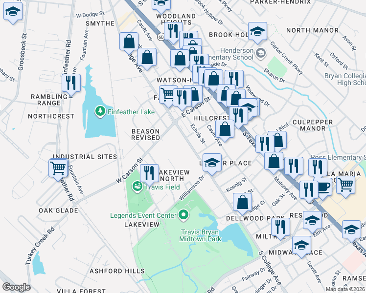 map of restaurants, bars, coffee shops, grocery stores, and more near 2211 South College Avenue in Bryan