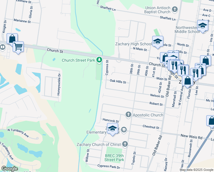 map of restaurants, bars, coffee shops, grocery stores, and more near 3465 Nelson Street in Zachary