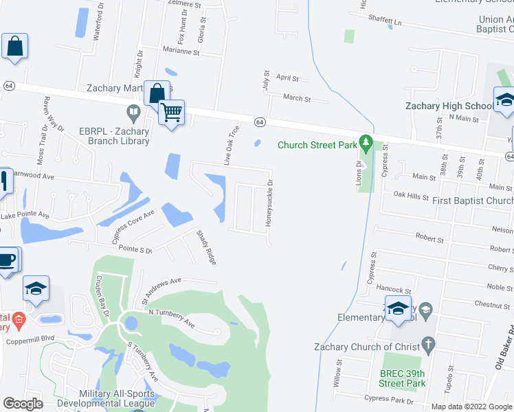 map of restaurants, bars, coffee shops, grocery stores, and more near 4252 Wilderness Run Drive in Zachary