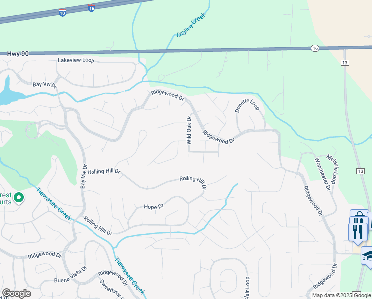 map of restaurants, bars, coffee shops, grocery stores, and more near 122 Wild Oak Drive in Daphne