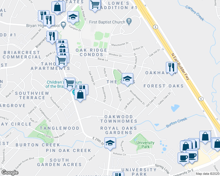 map of restaurants, bars, coffee shops, grocery stores, and more near Holly Drive in Bryan