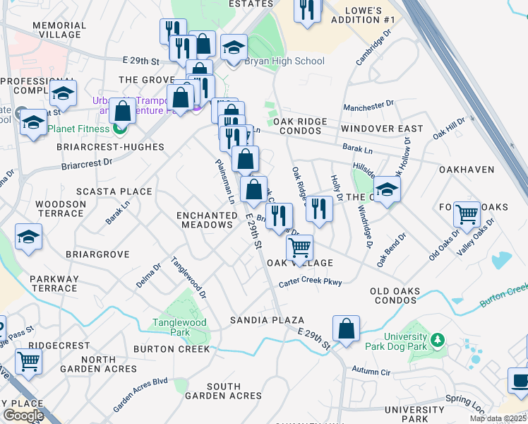 map of restaurants, bars, coffee shops, grocery stores, and more near 1803 Briar Oaks Drive in Bryan