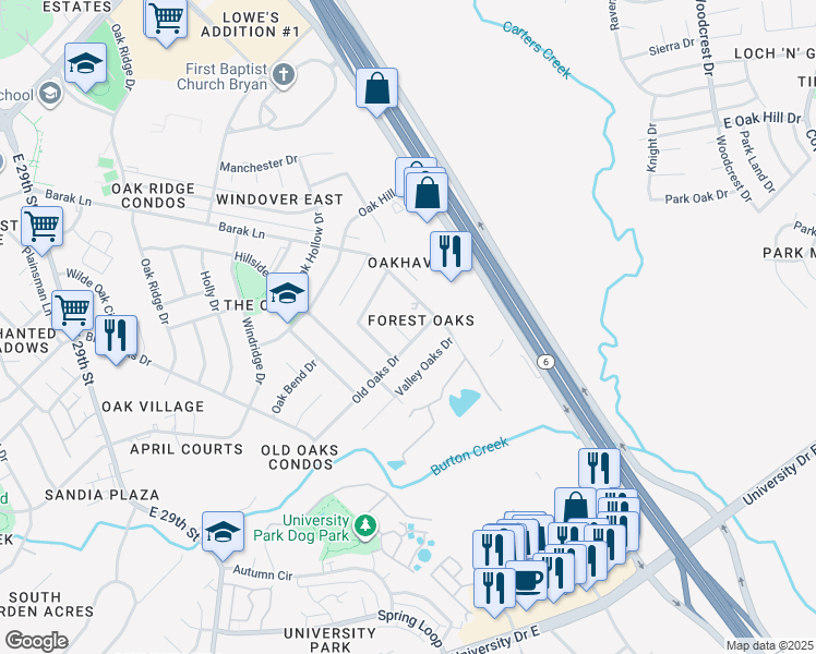 map of restaurants, bars, coffee shops, grocery stores, and more near 2911 River Oaks Circle in Bryan