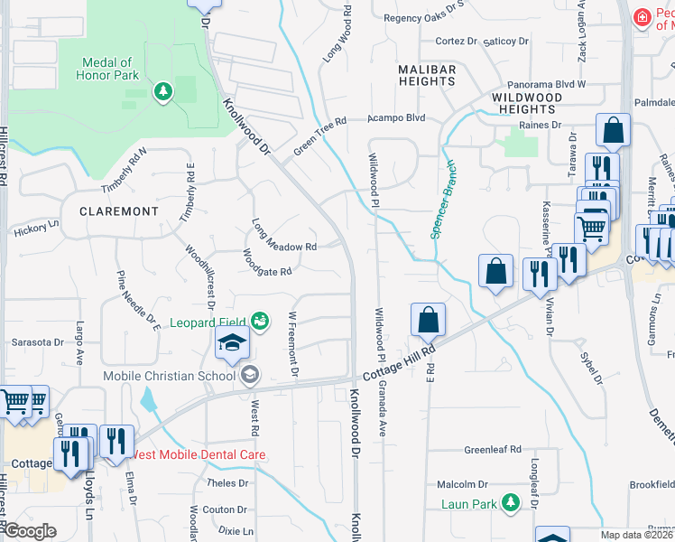 map of restaurants, bars, coffee shops, grocery stores, and more near 5700 Long Meadow Court in Mobile