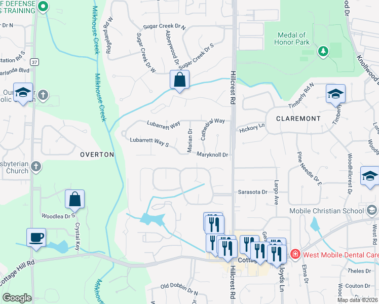 map of restaurants, bars, coffee shops, grocery stores, and more near 6501 Marian Drive in Mobile