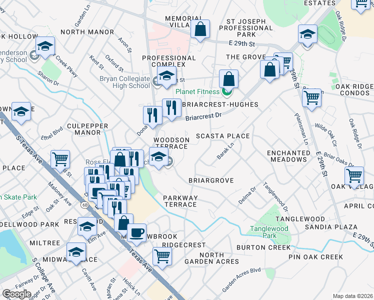 map of restaurants, bars, coffee shops, grocery stores, and more near 1112 Sul Ross Drive in Bryan
