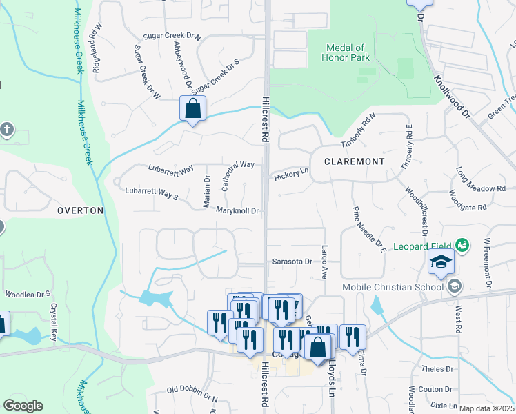 map of restaurants, bars, coffee shops, grocery stores, and more near 6400 Maryknoll Drive in Mobile