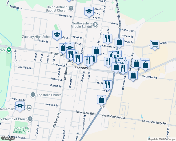 map of restaurants, bars, coffee shops, grocery stores, and more near 4656 Main Street in Zachary