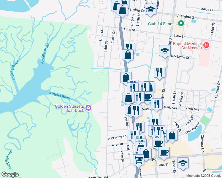 map of restaurants, bars, coffee shops, grocery stores, and more near 1680 Clinch Drive in Fernandina Beach