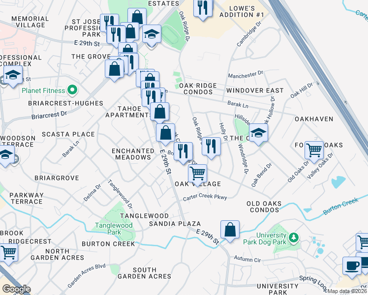 map of restaurants, bars, coffee shops, grocery stores, and more near 3804 Courtney Circle in Bryan