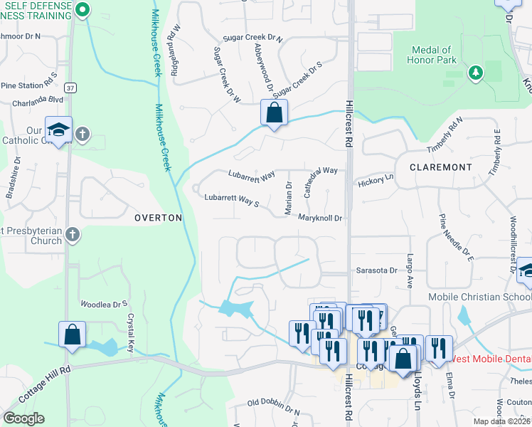 map of restaurants, bars, coffee shops, grocery stores, and more near 6501-6599 Marion Drive in Mobile