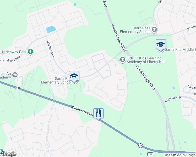 map of restaurants, bars, coffee shops, grocery stores, and more near 117 Salt Fork Drive in Liberty Hill