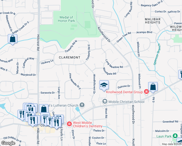 map of restaurants, bars, coffee shops, grocery stores, and more near 2005 Burnt Oak Court in Mobile