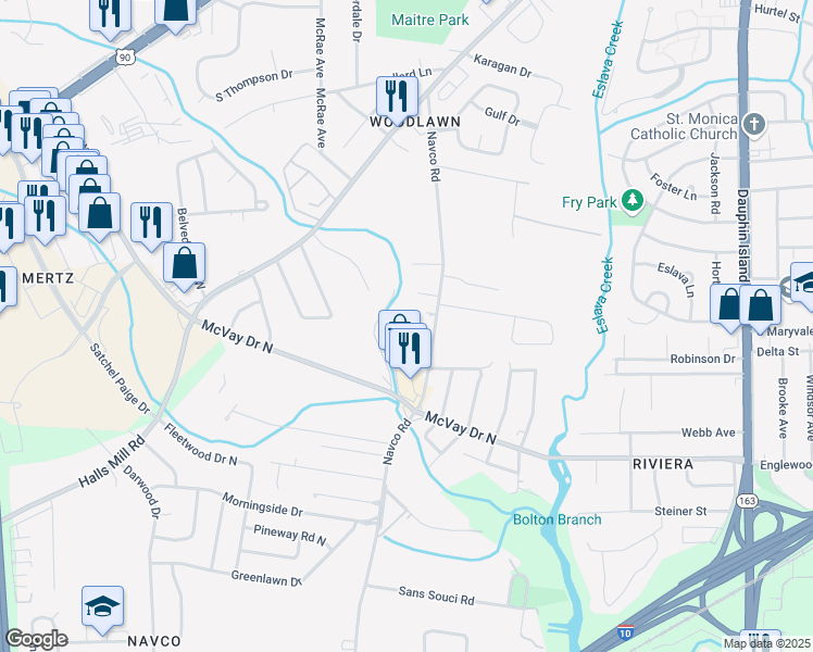 map of restaurants, bars, coffee shops, grocery stores, and more near 1210 Navco Rd in Mobile