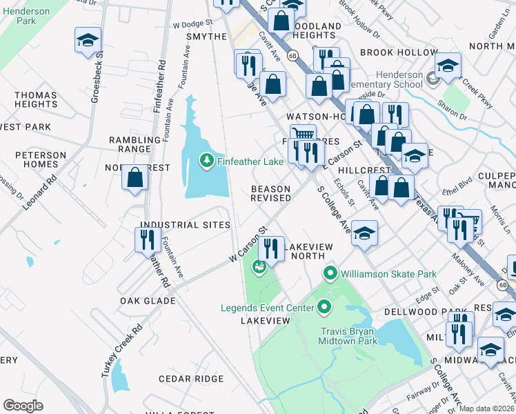 map of restaurants, bars, coffee shops, grocery stores, and more near 515 West Duncan Street in Bryan