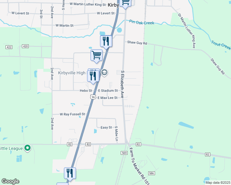map of restaurants, bars, coffee shops, grocery stores, and more near 1407 South Elizabeth Avenue in Kirbyville