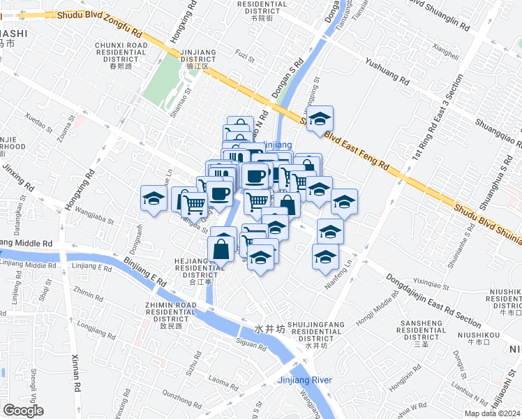 map of restaurants, bars, coffee shops, grocery stores, and more near Dong Da Jie Zhi Quan Duan in Chengdu Shi