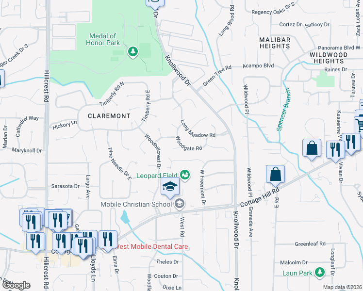 map of restaurants, bars, coffee shops, grocery stores, and more near 5801 Woodgate Court in Mobile