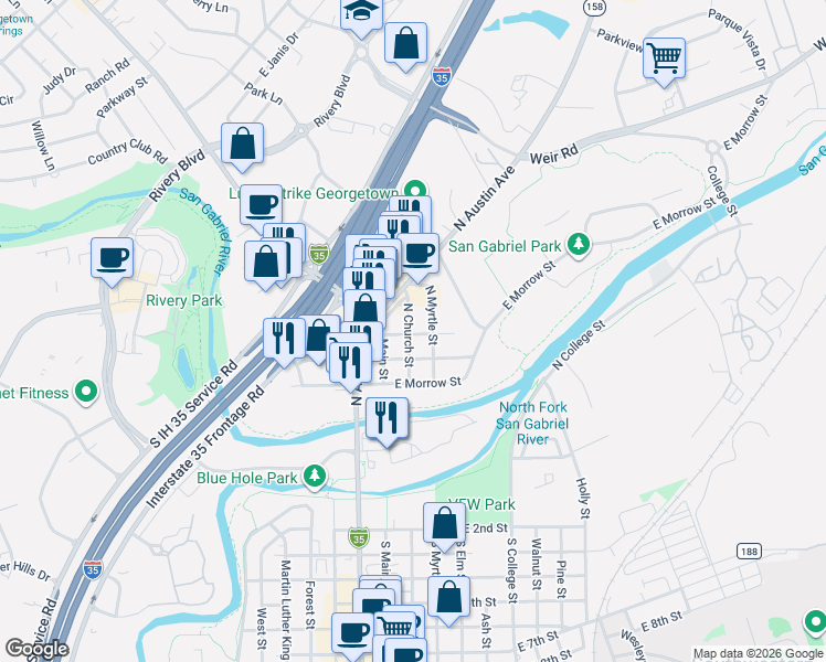 map of restaurants, bars, coffee shops, grocery stores, and more near 801 North Church Street in Georgetown