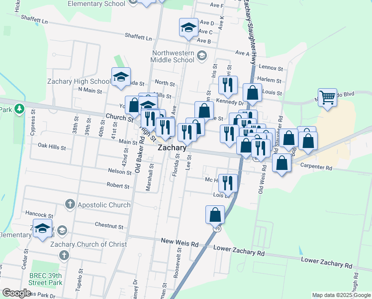 map of restaurants, bars, coffee shops, grocery stores, and more near 4656 Main Street in Zachary