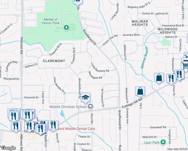 map of restaurants, bars, coffee shops, grocery stores, and more near 5801 Woodgate Court in Mobile