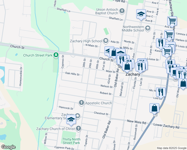 map of restaurants, bars, coffee shops, grocery stores, and more near 4034 Bennett Street in Zachary