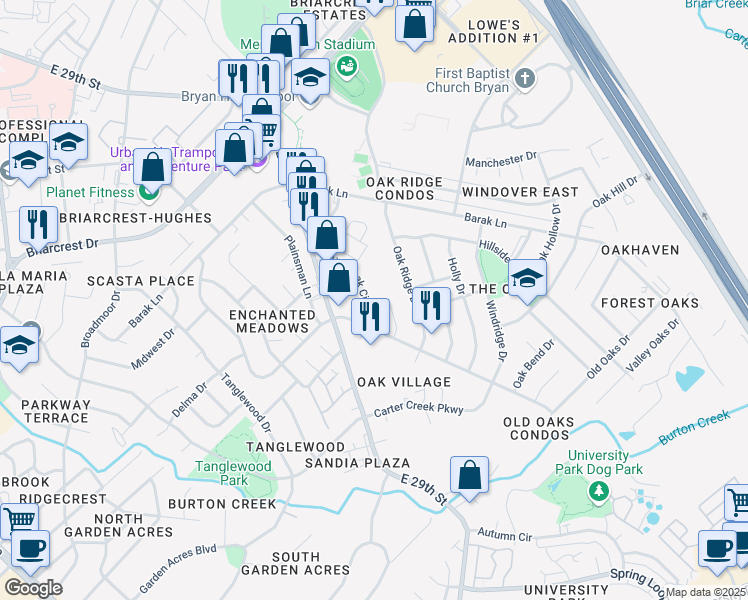map of restaurants, bars, coffee shops, grocery stores, and more near 3804 Courtney Circle in Bryan
