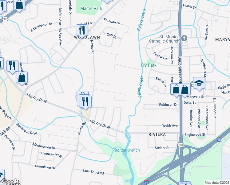 map of restaurants, bars, coffee shops, grocery stores, and more near 2373 Buena Drive in Mobile
