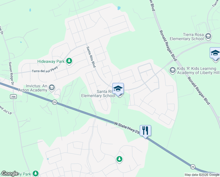 map of restaurants, bars, coffee shops, grocery stores, and more near 222 Mindy Way in Liberty Hill