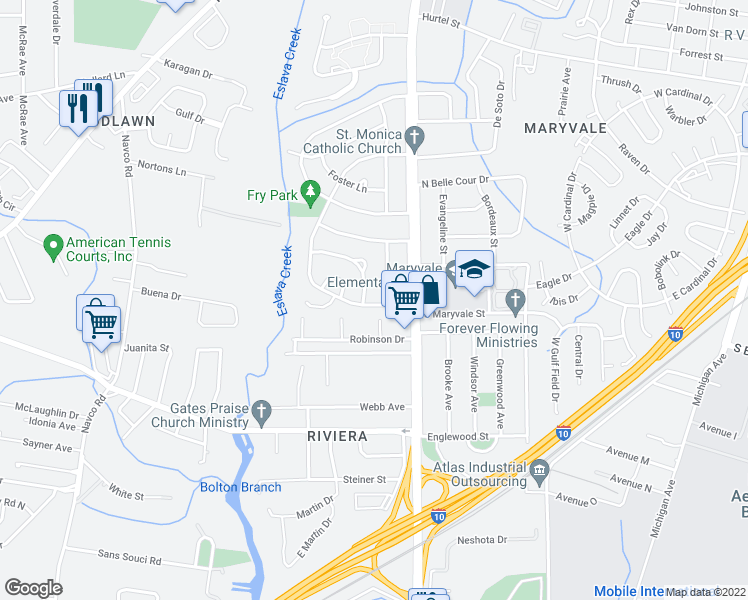 map of restaurants, bars, coffee shops, grocery stores, and more near 2056 South Bucker Road in Mobile