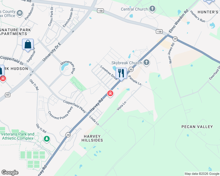 map of restaurants, bars, coffee shops, grocery stores, and more near 3820 Harvey Road in College Station