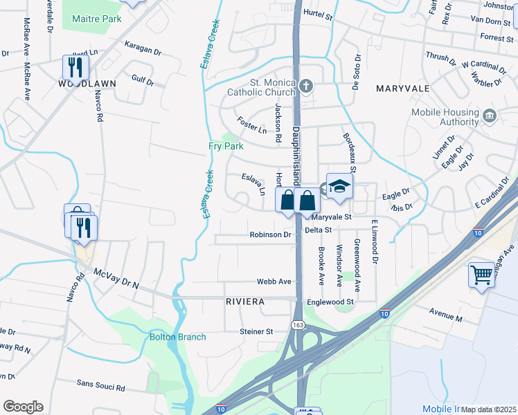 map of restaurants, bars, coffee shops, grocery stores, and more near 2060 South Bucker Road in Mobile