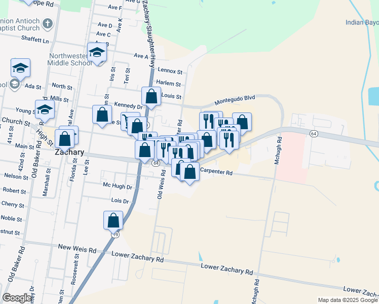 map of restaurants, bars, coffee shops, grocery stores, and more near 5545 Main Street in Zachary