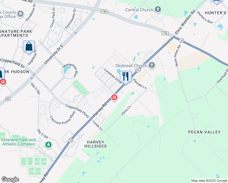 map of restaurants, bars, coffee shops, grocery stores, and more near 3803 Harvey Road in College Station