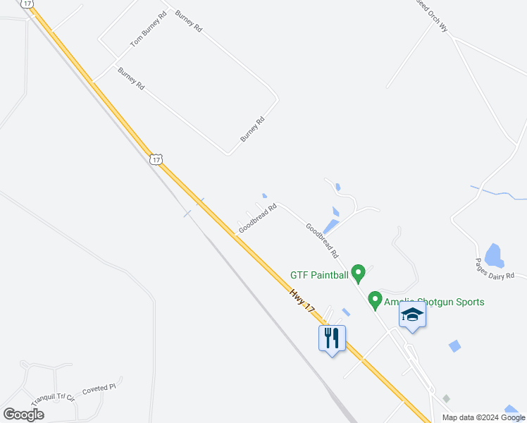 map of restaurants, bars, coffee shops, grocery stores, and more near 1001-1023 Goodbread Road in Yulee